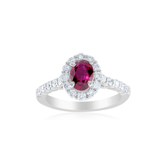 14K White Gold Diamond & Ruby Halo Right Hand Ring ~ 2 Ct