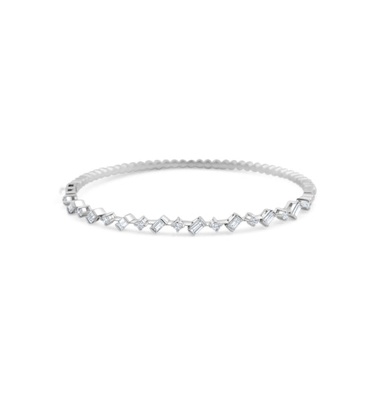 14K White Gold Round & Baguette Cut Diamond Bangle 1.02 Ct