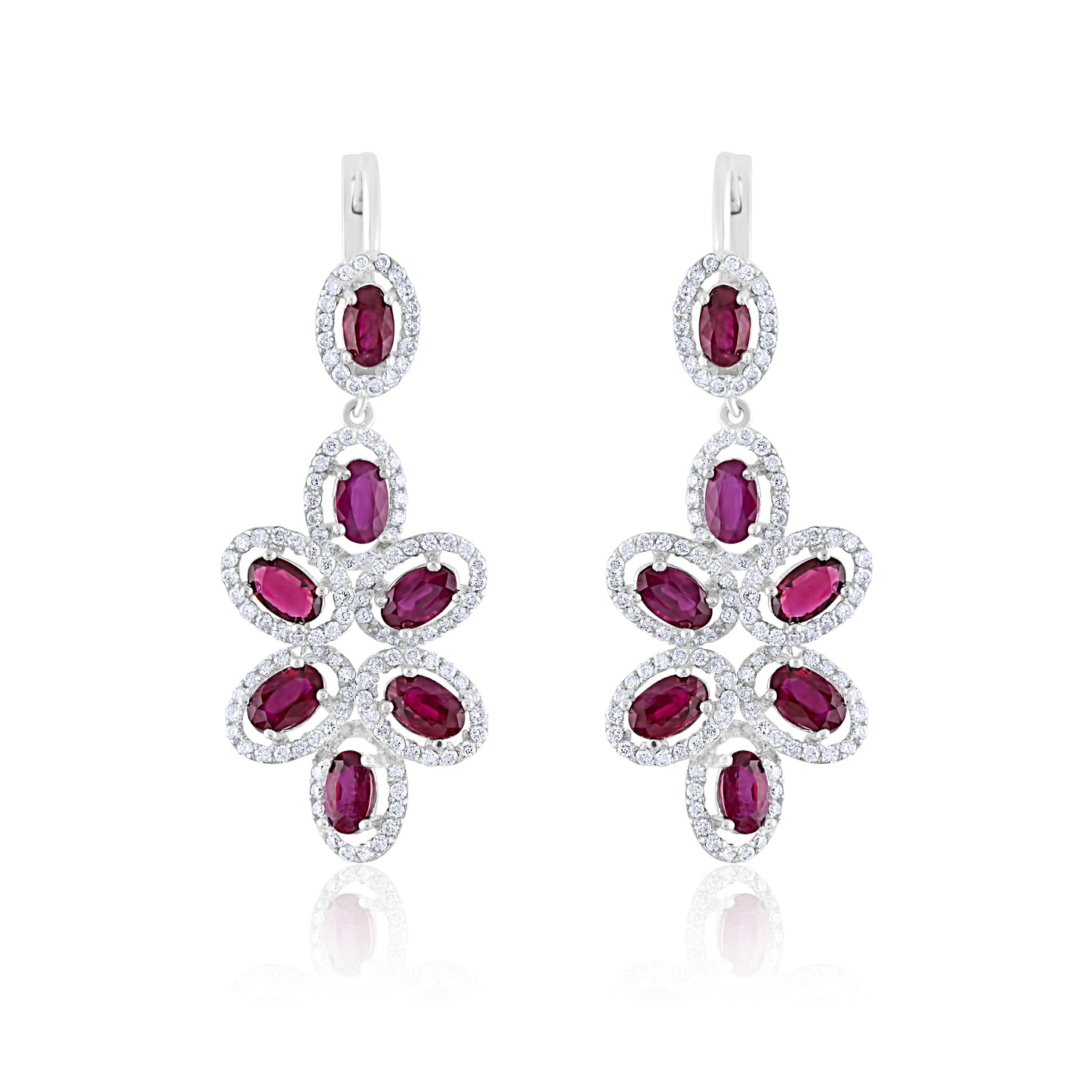 14K White Gold Diamond & Ruby Dangling Earrings 6.12 Ct