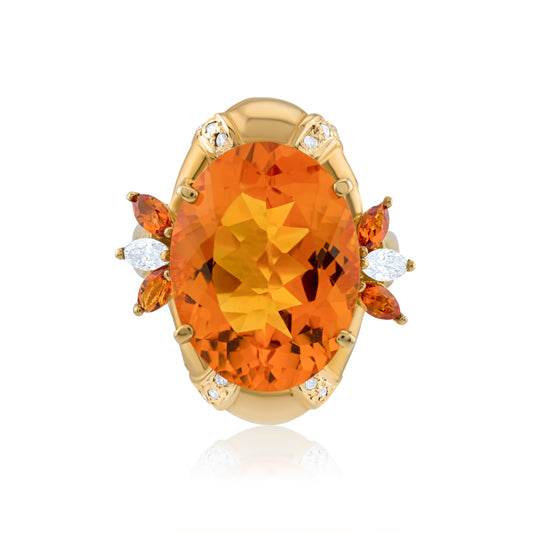 14K Yellow Gold Diamond & Citrine Vintage Statement Ring 15 Ct