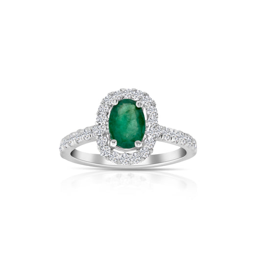 14K White Gold Diamond & Emerald Halo Ring ~ 1 ½ Ct