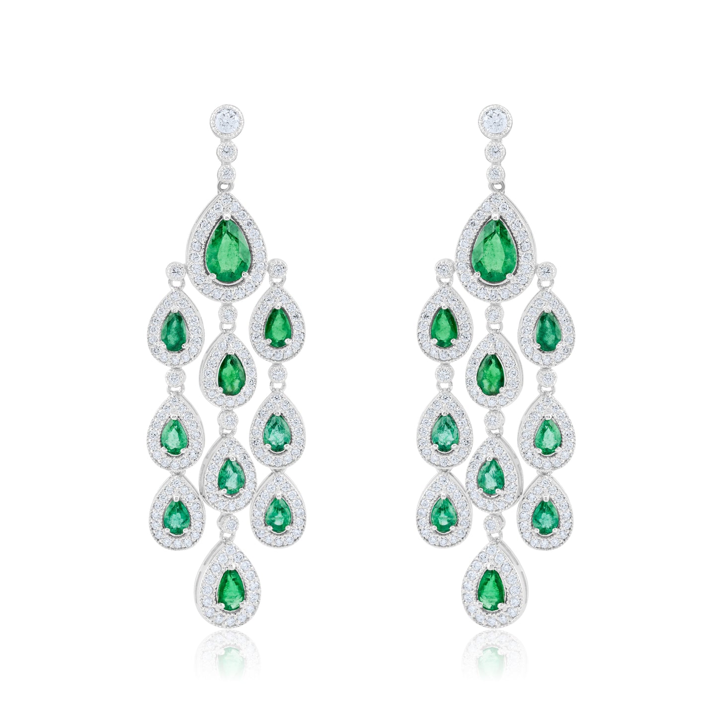 14K White Gold Diamond & Emerald Chandelier Latch Earrings ~ 7.50 Ct