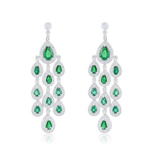 14K White Gold Diamond & Emerald Chandelier Latch Earrings ~ 7.50 Ct