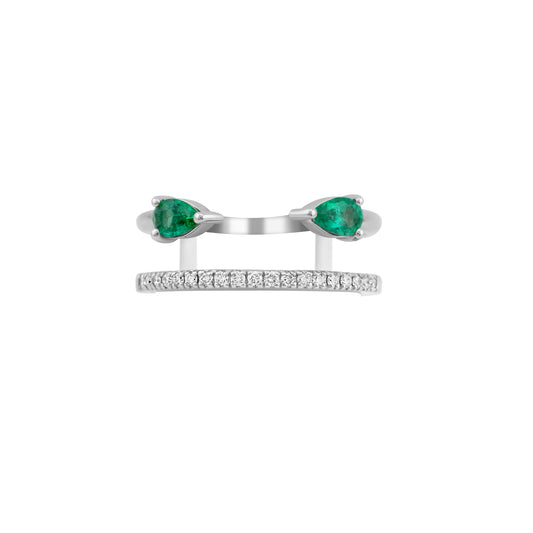 14K White Gold Diamond & Emerald Open Double Band 2/3 Ct