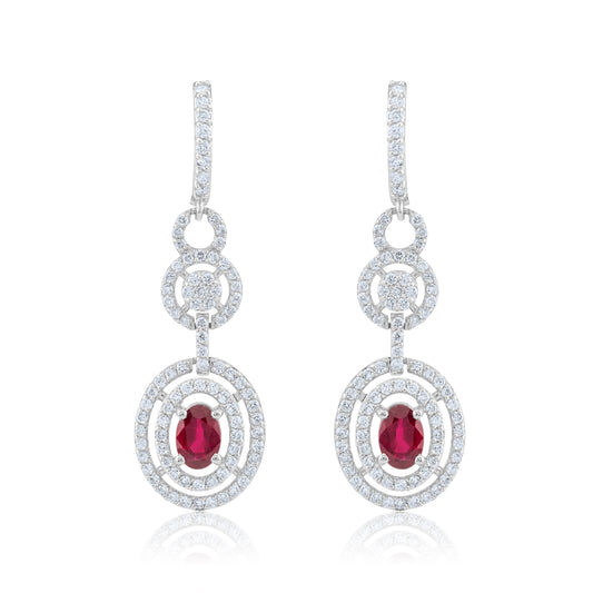 14K White Gold Ruby & Diamond Dangling Halo Earrings ~ 2.25 Ct