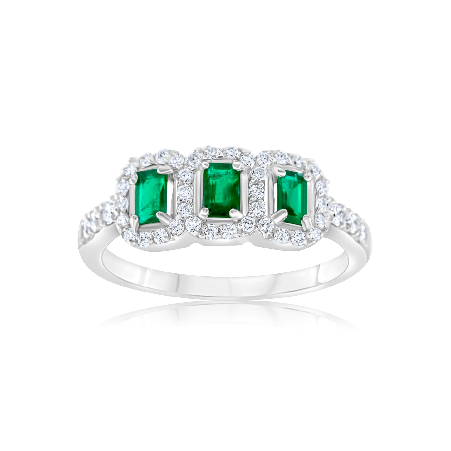 14K White Gold Diamond & Emerald Halo Three-Stone Ring ~ 1 Ct