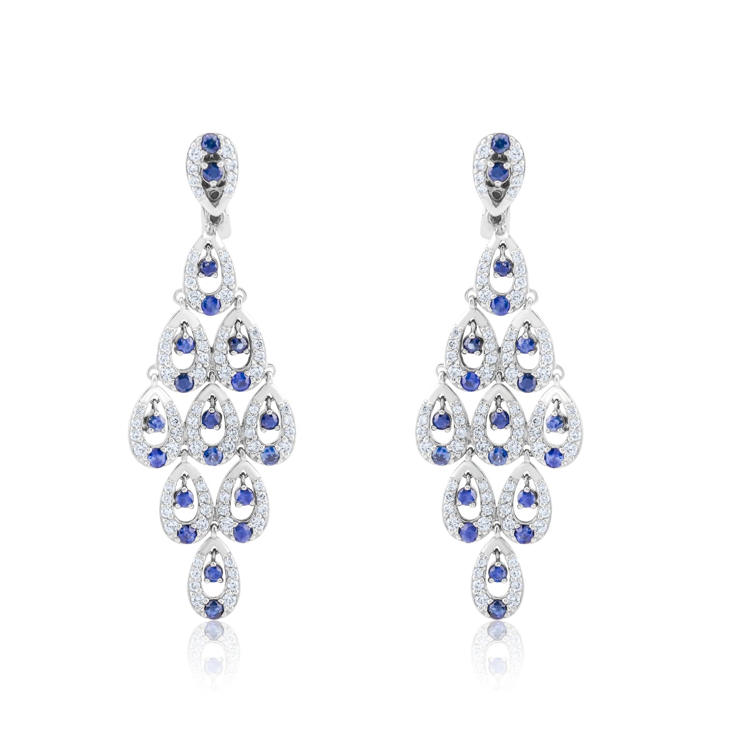 14K White Gold Diamond & Sapphire Chandelier Earrings 3 ½ Ct