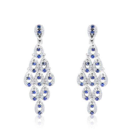 14K White Gold Diamond & Sapphire Chandelier Earrings 3 ½ Ct