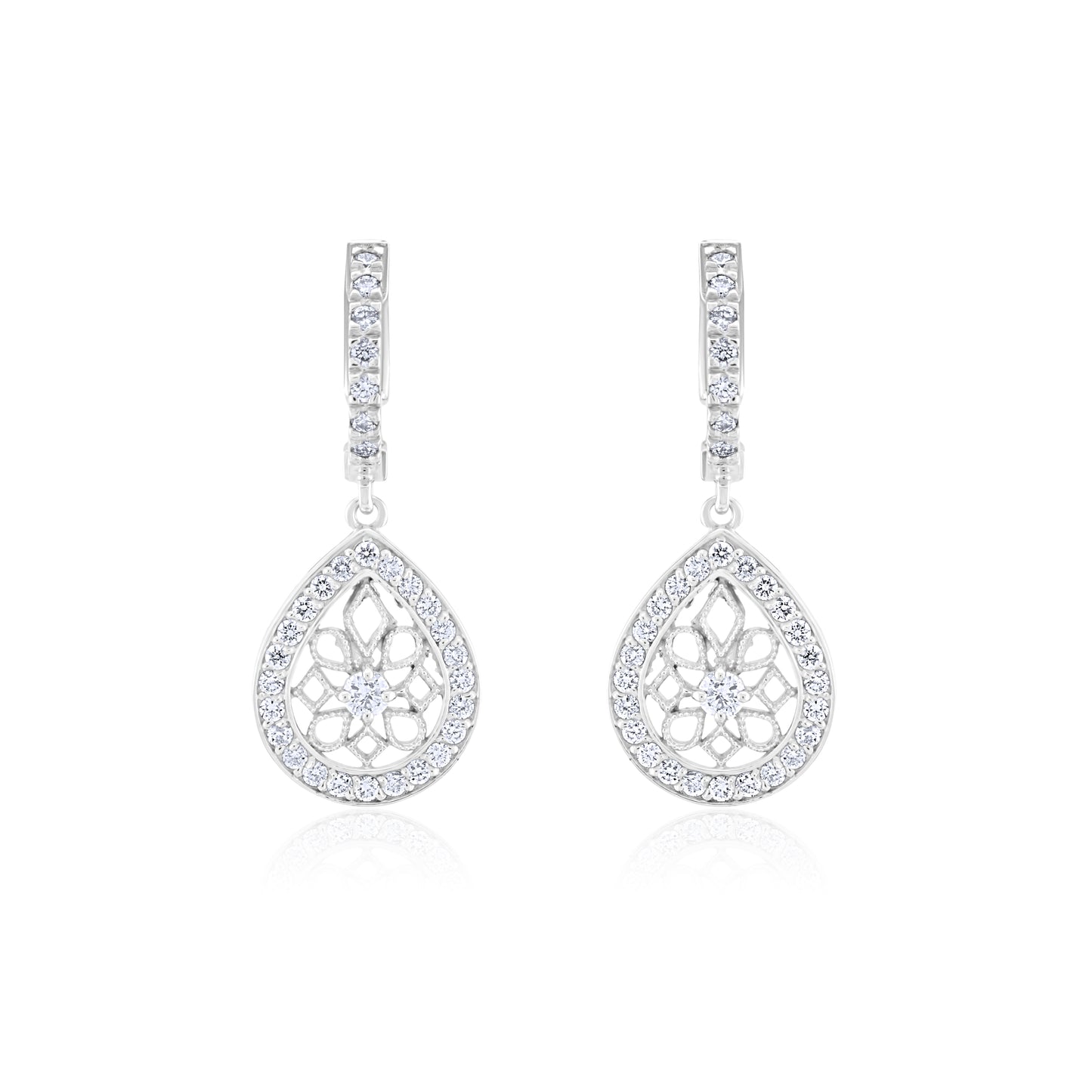 14K White Gold Diamond Teardrop Filigree Earrings ¾ Ct