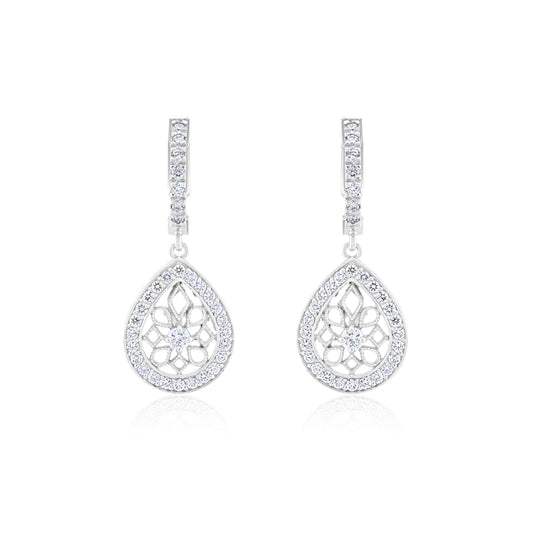 14K White Gold Diamond Teardrop Filigree Earrings ¾ Ct