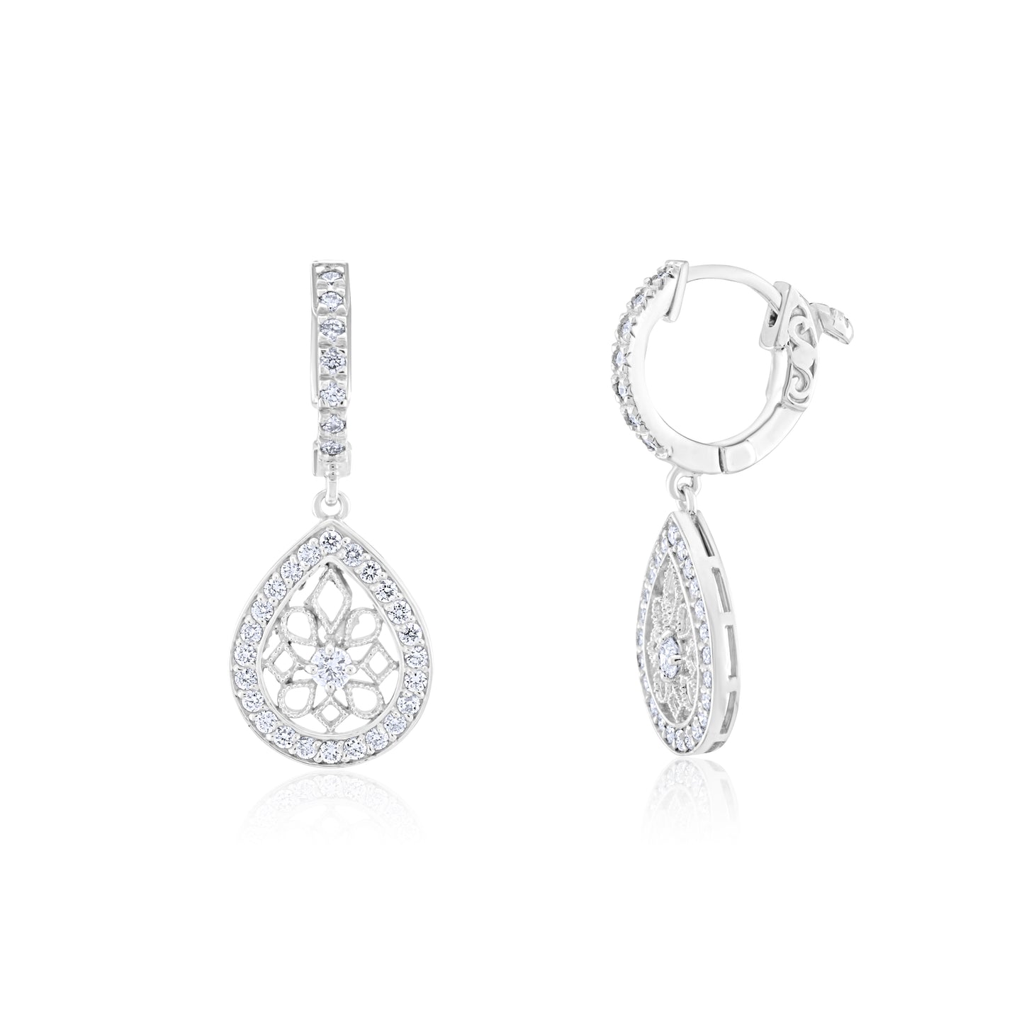 14K White Gold Diamond Teardrop Filigree Earrings ¾ Ct