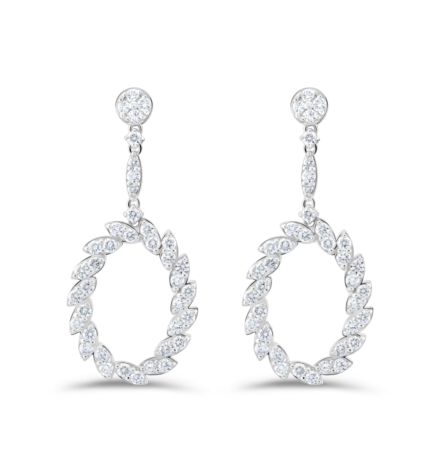 14K White Gold Diamond Oval Drop Earrings 2.28 Ct