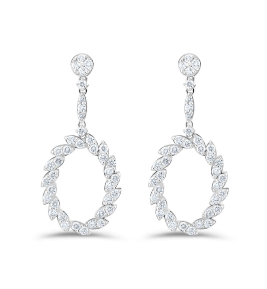 14K White Gold Diamond Oval Drop Earrings 2.28 Ct