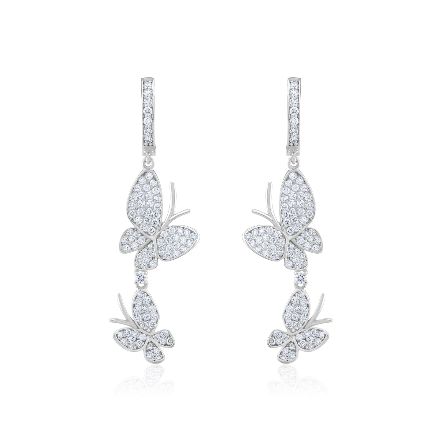 14K White Gold Diamond Butterfly Dangling Earrings 1.35 Ct