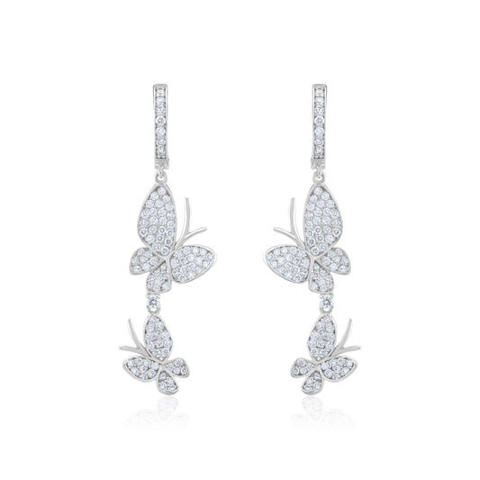 14K White Gold Diamond Butterfly Dangling Earrings 1.35 Ct