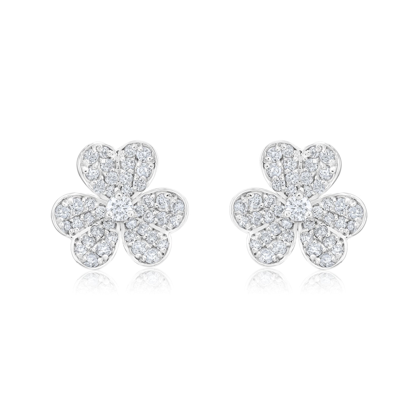14K White Gold Diamond Clover Leaf Stud Earrings ~ 1 Ct
