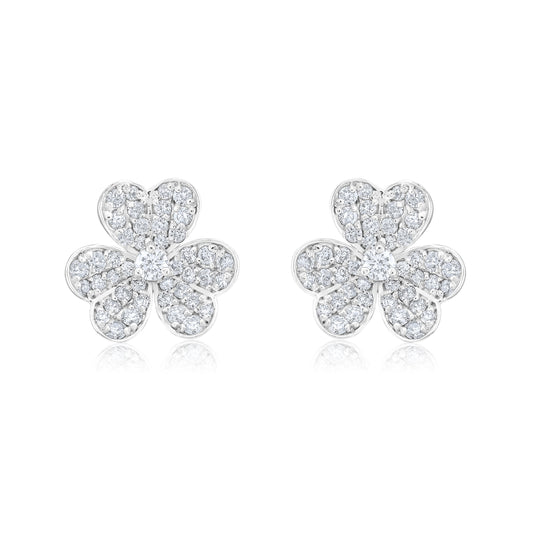 14K White Gold Diamond Clover Leaf Stud Earrings ~ 1 Ct