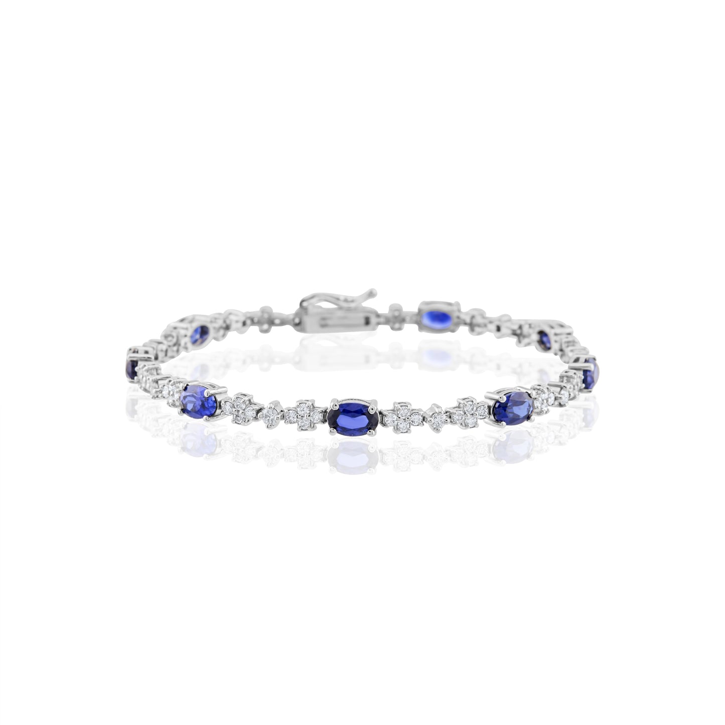 14K White Gold Diamond & Blue Sapphire Tennis Bracelet 6.08 Ct