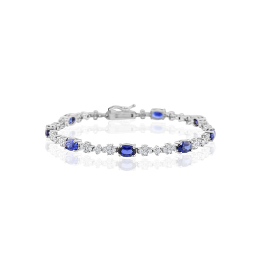14K White Gold Diamond & Blue Sapphire Tennis Bracelet 6.08 Ct