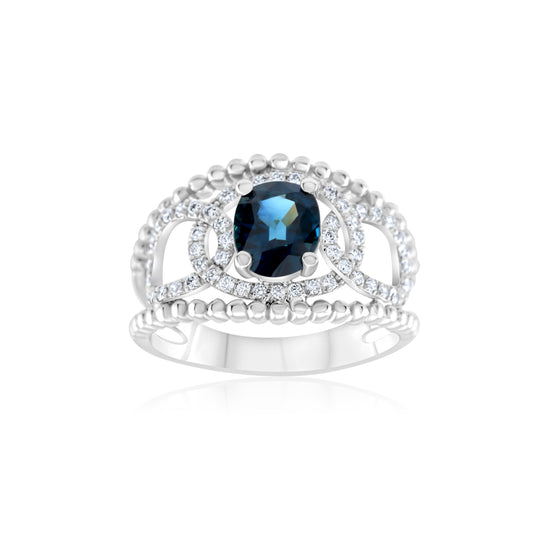 14K White Gold Diamond & Sapphire Halo Cocktail Ring 1 ½ Ct