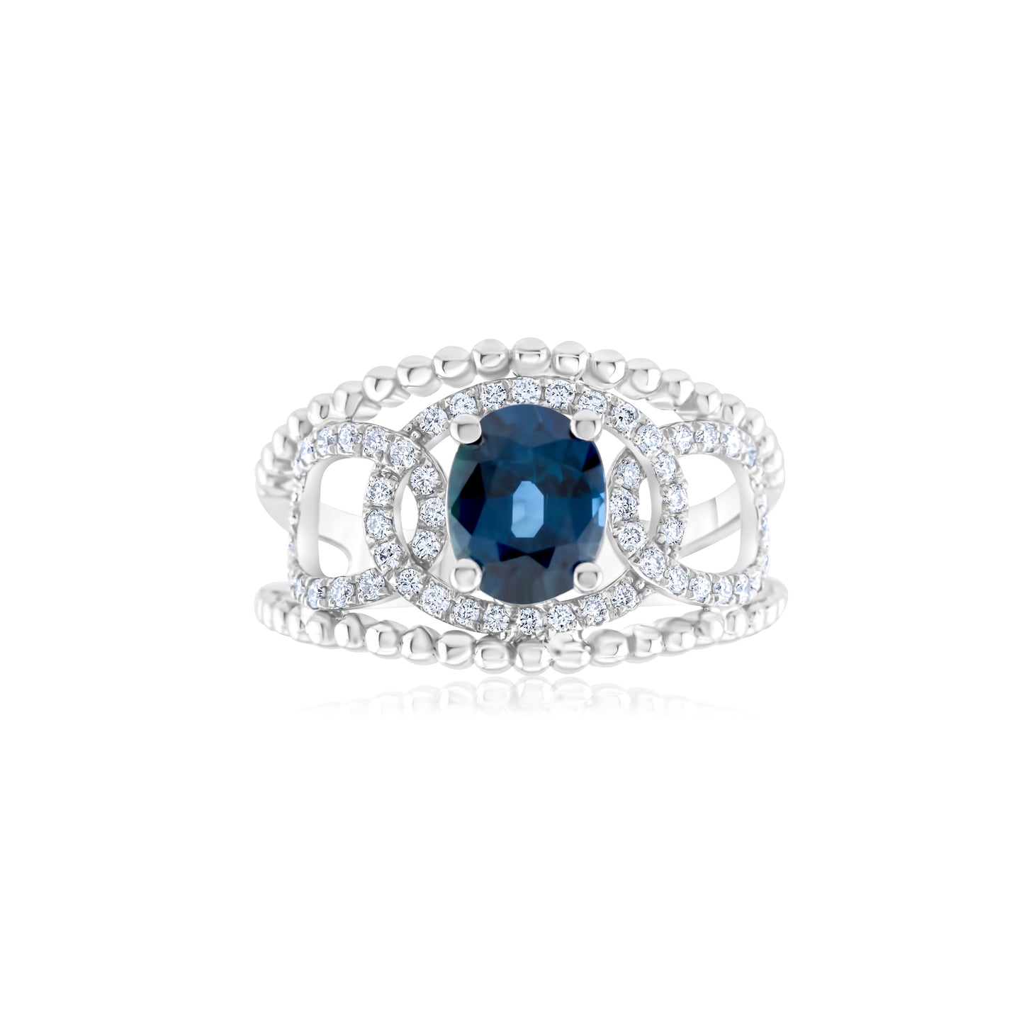 14K White Gold Diamond & Sapphire Halo Cocktail Ring 1 ½ Ct
