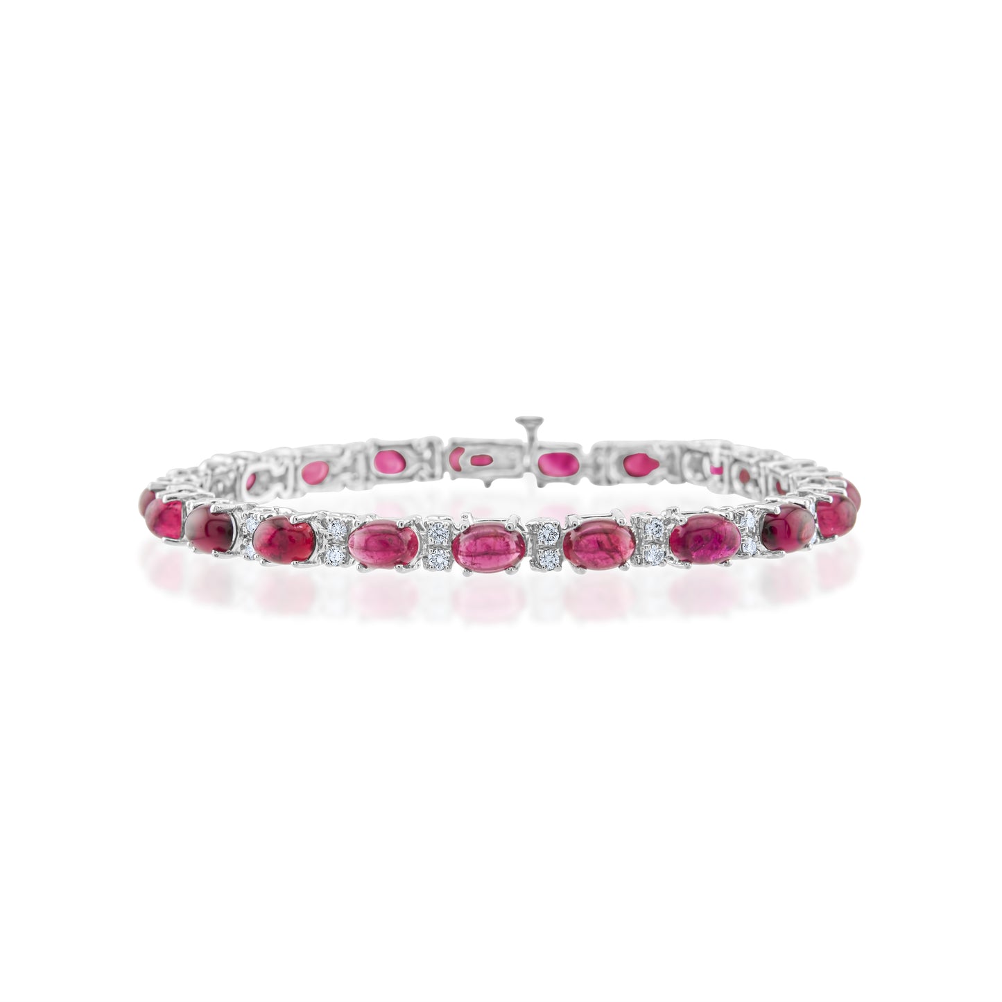 14K White Gold Diamond & Cabochon Rubellite Tennis Bracelet 13 2/3 Ct