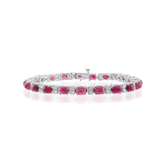14K White Gold Diamond & Cabochon Rubellite Tennis Bracelet 13 2/3 Ct