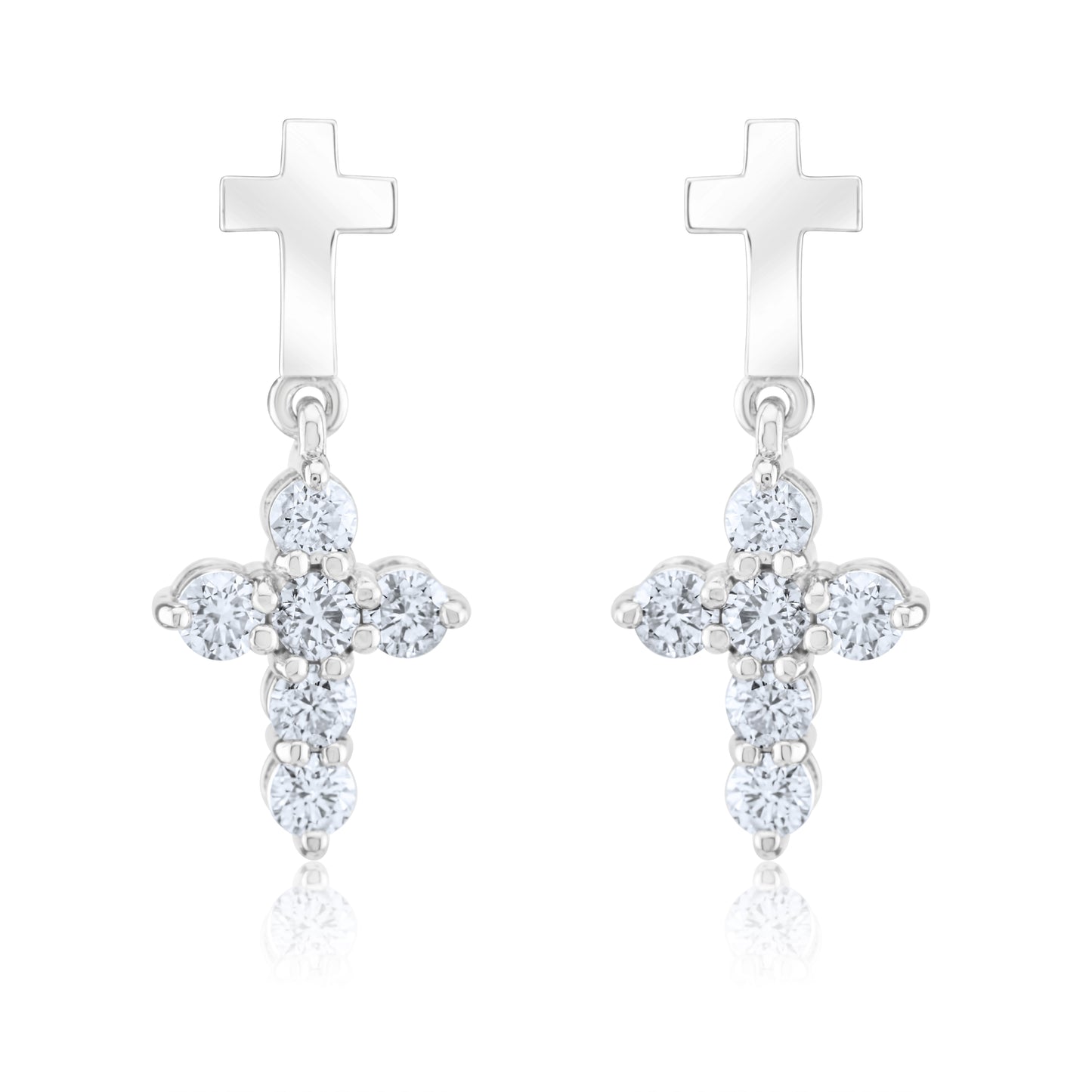 14K White Gold Diamond Double Cross Drop Earrings 1.26 Ct