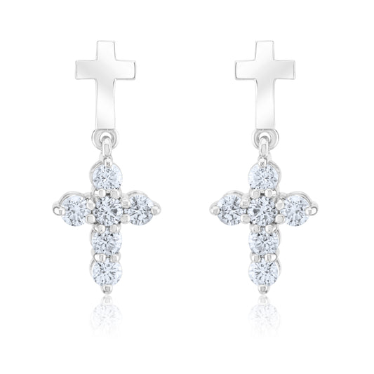 14K White Gold Diamond Double Cross Drop Earrings 1.26 Ct