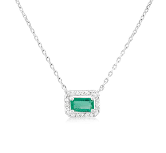 14K White Gold Diamond and Emerald Necklace ~ 1/2 Ct