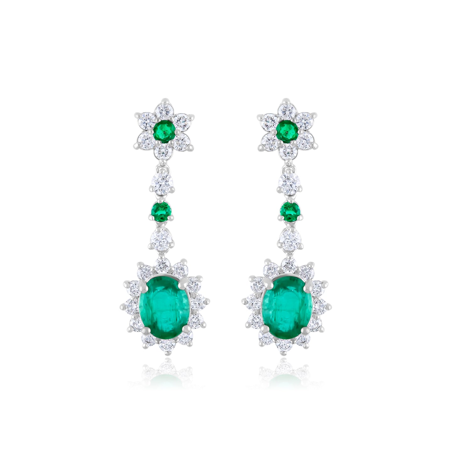 14K White Gold Diamond & Emerald Halo Dangling Earrings ~ 5 Ct