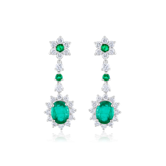 14K White Gold Diamond & Emerald Halo Dangling Earrings ~ 5 Ct