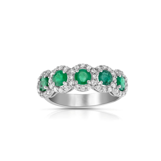14K White Gold Diamond & Emerald Halo Five-Stone Band ~ 2 Ct