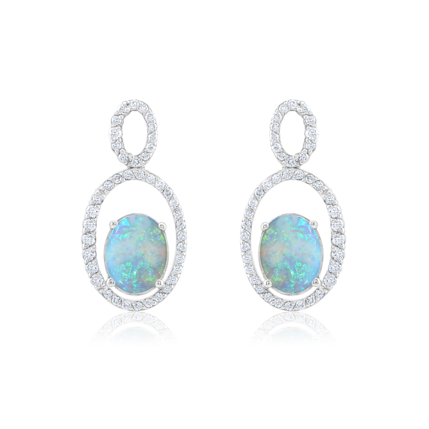 14K White Gold Opal & Diamond Drop Oval Earrings 3 Ct