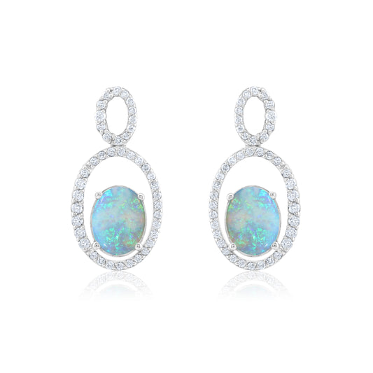 14K White Gold Opal & Diamond Drop Oval Earrings 3 Ct