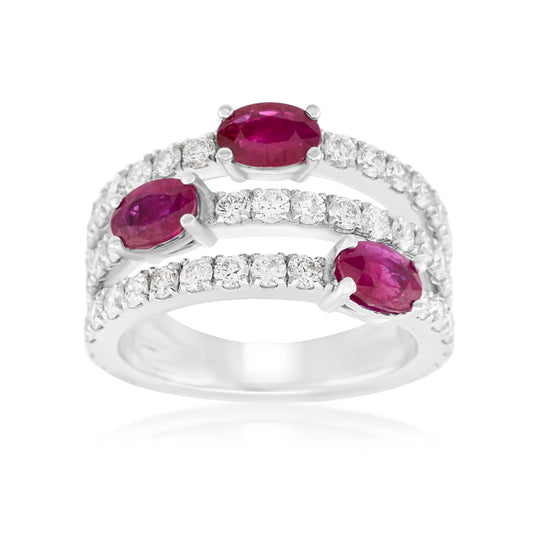 14K White Gold Ruby & Diamond Right Hand Ring 3.50 Ct