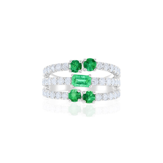 14K White Gold Emerald & Diamond Right Hand Ring 2.50 Ct