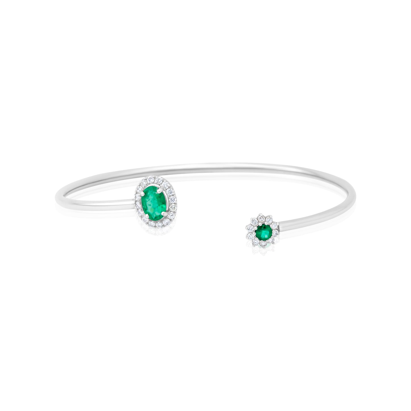14K White Gold Diamond Halo Emerald Cuff Bracelet 1.10 Ct