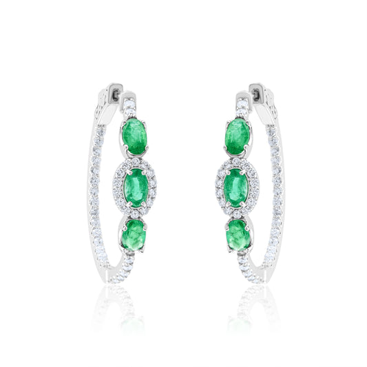 14K White Gold Diamond & Emerald Hoop Earrings 2.78 Ct