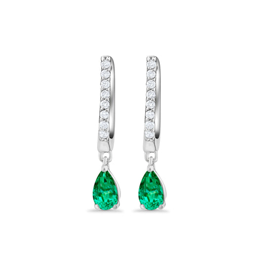14K White Gold Diamond & Emerald Latch Huggies Earrings
