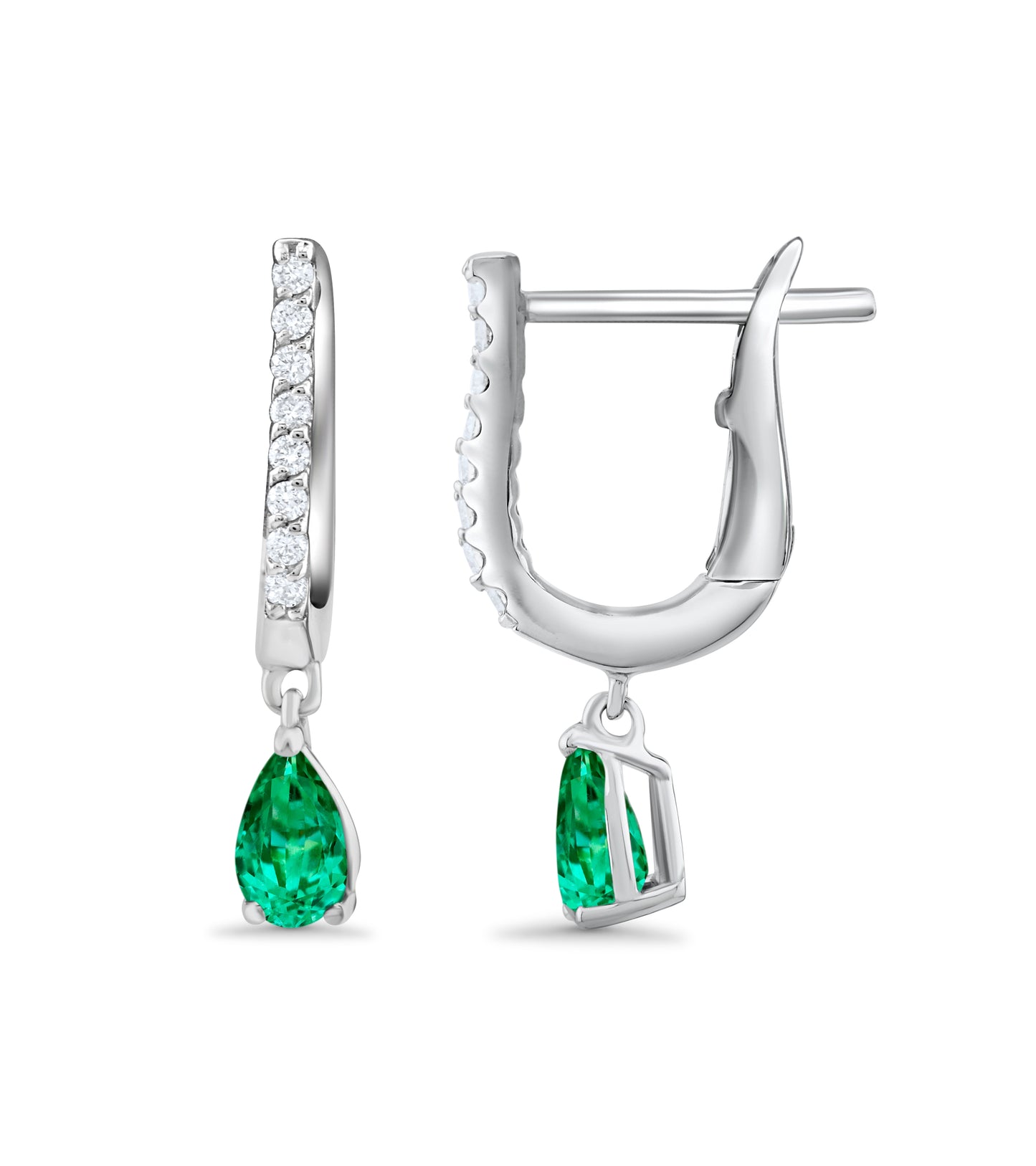 14K White Gold Diamond & Emerald Latch Huggies Earrings