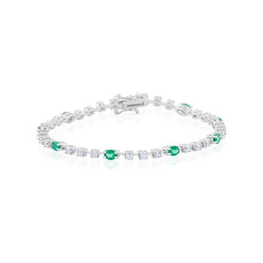 14K White Gold Diamond & Emerald Tennis Bracelet ~ 2 ½ Ct