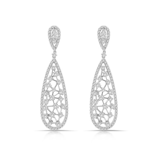 14K White Gold Diamond Teardrop Filigree Earrings 2 ¼ Ct