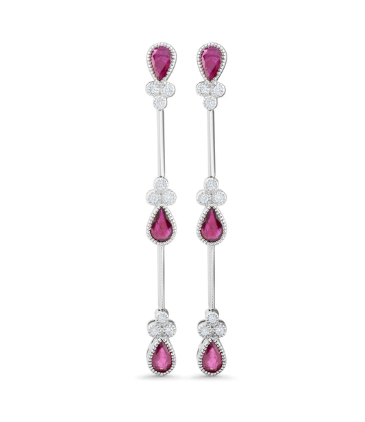 14K White Gold Ruby & Diamond Modern Line Earrings ~ 3 Ct